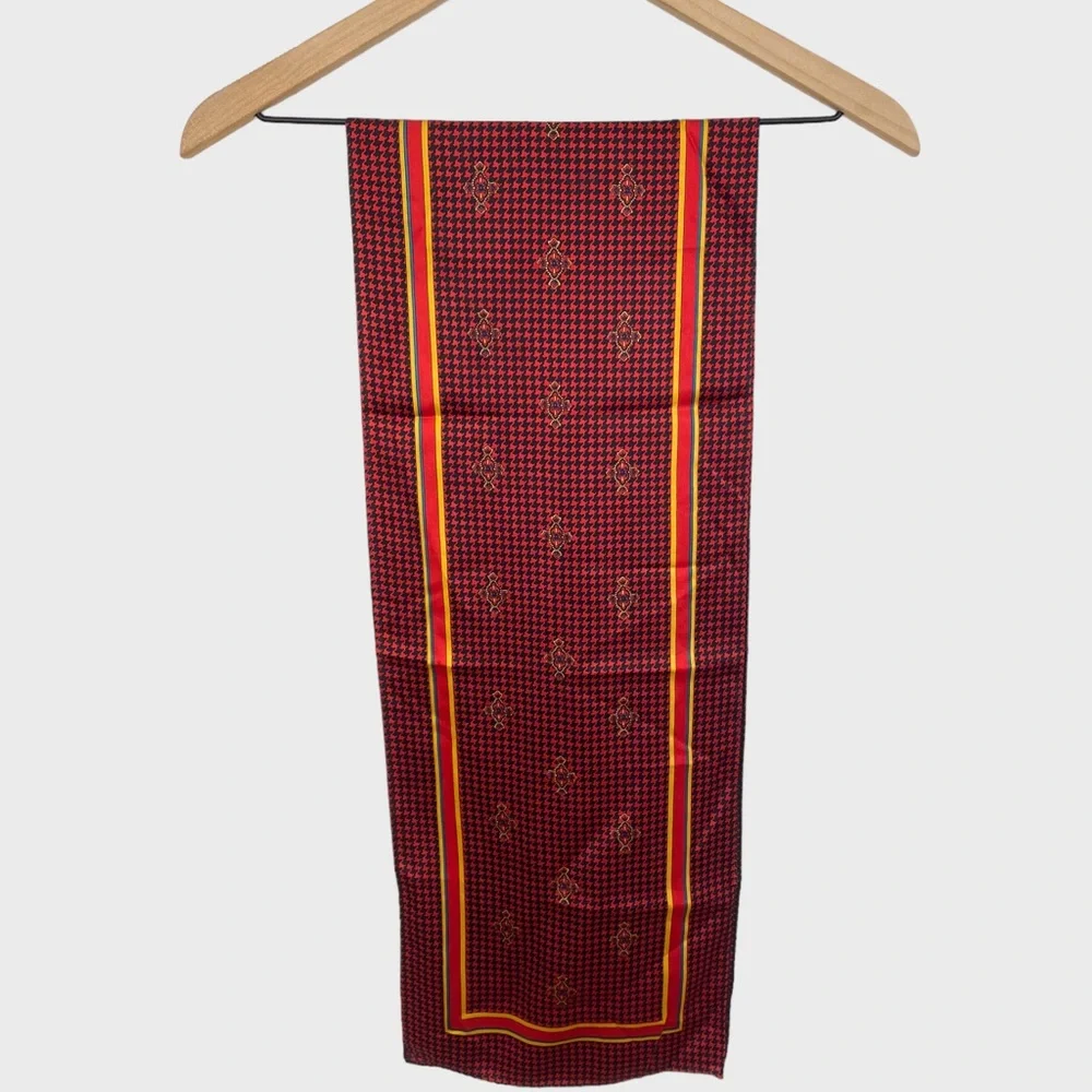 Vintage Ginnie Johansen Red Black Yellow Houndstooth Long Silk Scarf